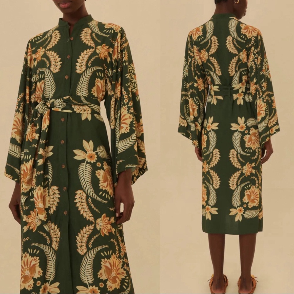 FARM RIO NWT Green & Tan Tropical Floral Printed Kimono Sleeve Belted Midi Dress